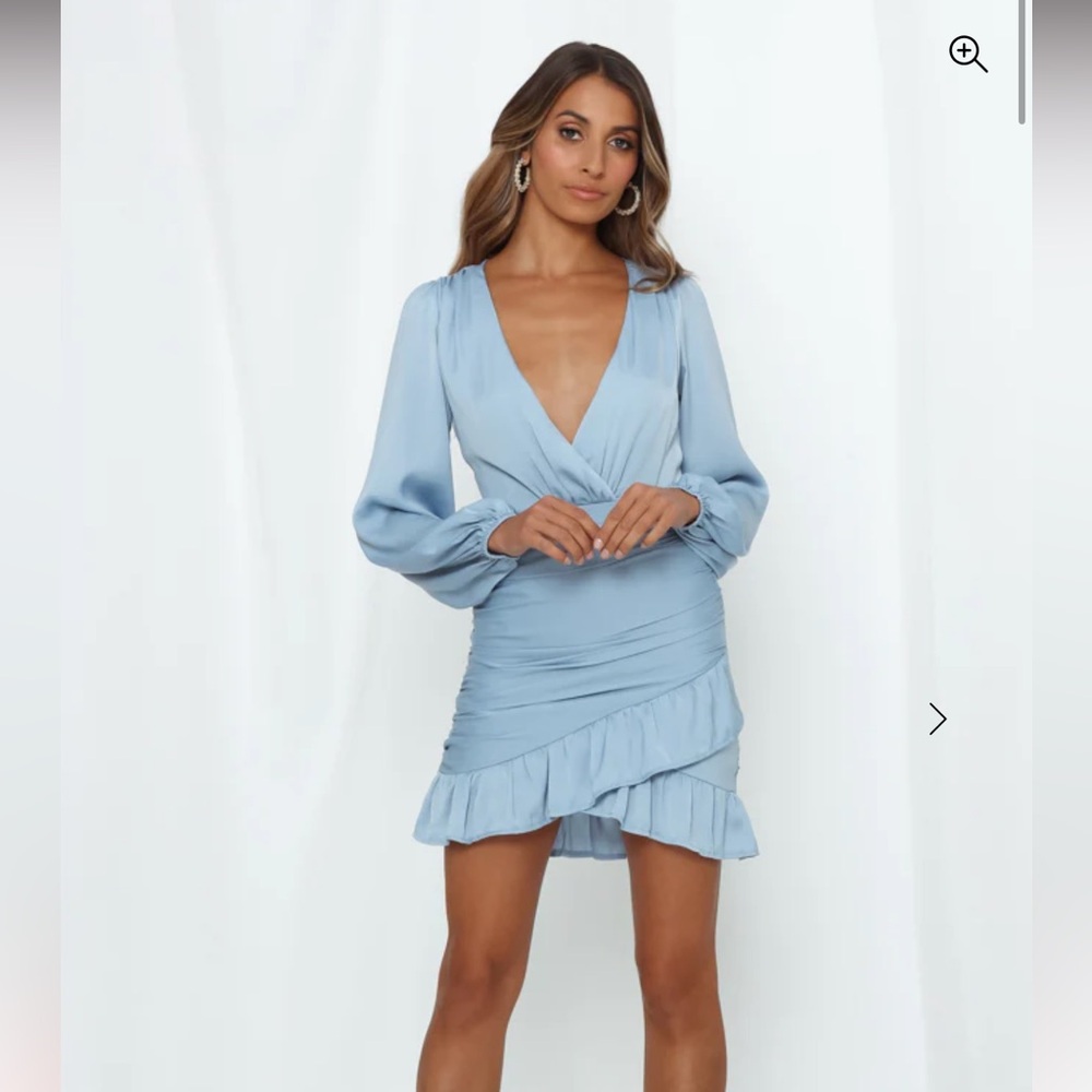 Hello Molly Blue Sheath Dress with Bishop Sleeves and V-Neck